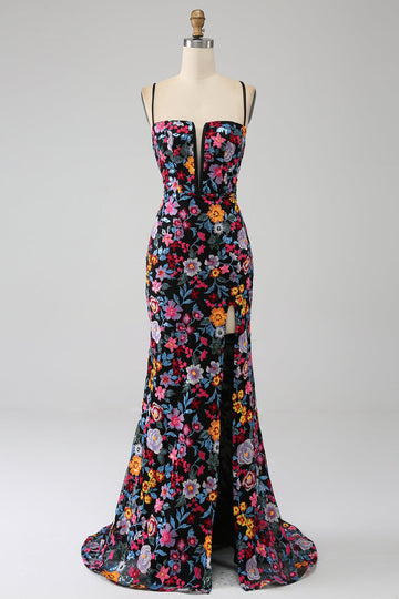 Havfrue spaghetti stropper svart blomst brodert ballkjole med side spalt